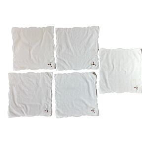 Vintage 5pc Cloth Napkins White Cotton Red Floral Rose Embroidery AS IS 15"